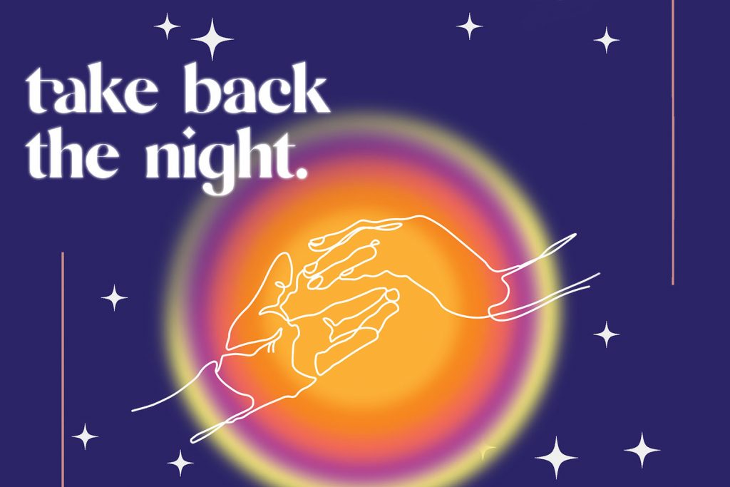 2022 Take Back the Night poster graphic, which shows to hands holding tight in the dark
