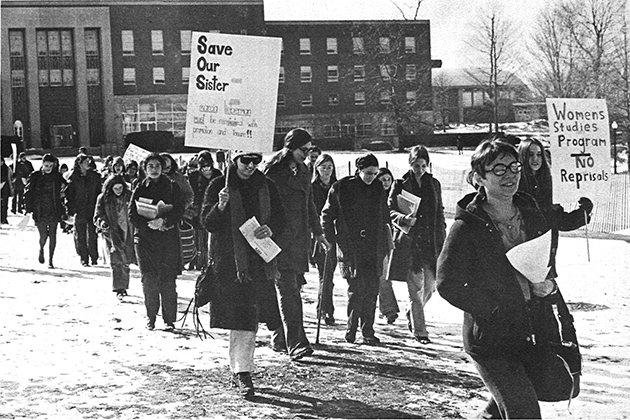 A demonstration on the Student Union Mall in the early 1970s was part of a climate of activism on women’s issues that surrounded the founding of the Women’s Center. (Nutmeg Yearbook Photo)